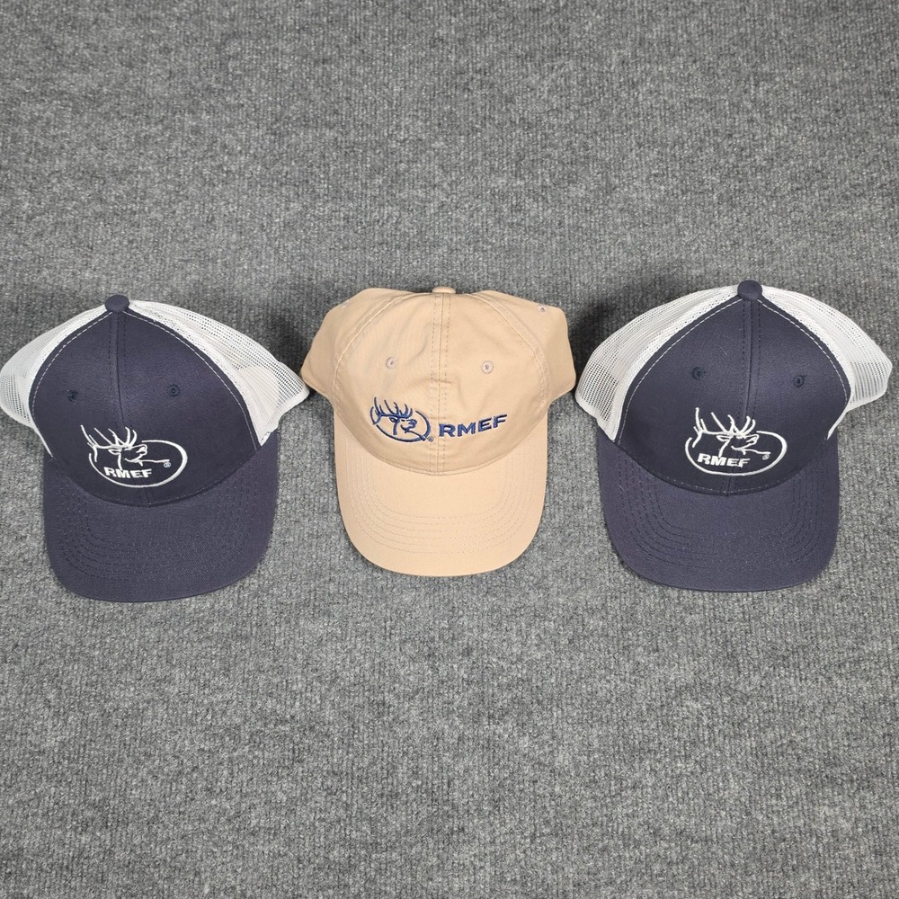 RMEF Rocky Mountain Elk Foundation Hat Bundle Navy Trucker Tan Dad Cap Set of 3